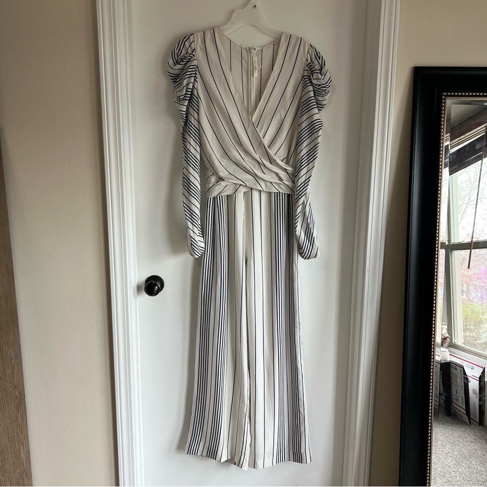Jonathan Simkhai White/Black/Navy Striped Wide‎ Leg Jumpsuit, Size 6